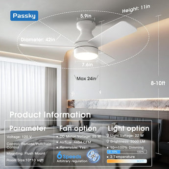 52" Low Profile Flush Mount Ceiling Fan with Light, Remote & Pull Chain, 5CCT Dimmable, Reversible, Quiet-2