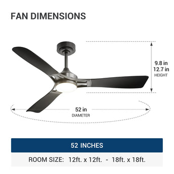 52" Modern Ceiling Fan with Light & Remote – Dimmable 3CCT, Quiet Black Fan for Living Room, Bedroom & Kitchen - 3