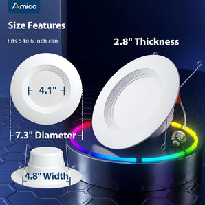 5/6 Inch Matter WiFi Smart Recessed Lights,6 Pack RGBCW 1100LM 12W=110W, APP/Voice Control Alexa Google, ETL IC ACK Certified - 2