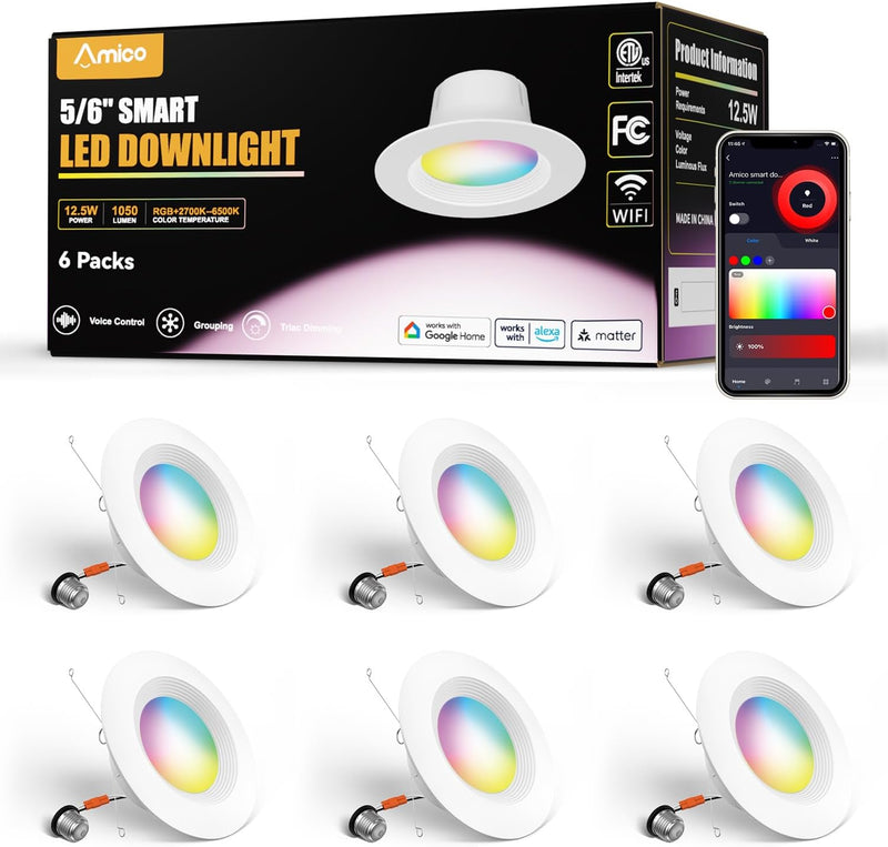 5/6 Inch Smart WiFi Recessed Lights, 6Pcs RGBCW Baffle Trim, Dimmable 12W=110W 1100LM, APP Control, IC & ETL Certified - 1