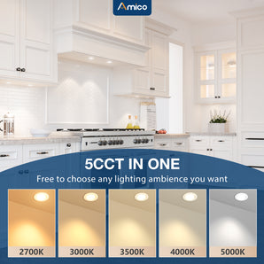 Amico 6 Pack 2 Inch 5CCT Ultra - Thin LED Canless Recessed Ceiling Light with Junction Box, 2700K/3000K/3500K/4000K/5000K Selectable, CRI90+, 6W=40W, 350LM, Dimmable Canless Wafer Downlight - ETL&FCC - 2