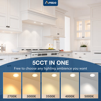 Amico 6 Pack 2 Inch 5CCT Ultra - Thin LED Canless Recessed Ceiling Light with Junction Box, 2700K/3000K/3500K/4000K/5000K Selectable, CRI90+, 6W=40W, 350LM, Dimmable Canless Wafer Downlight - ETL&FCC - 2