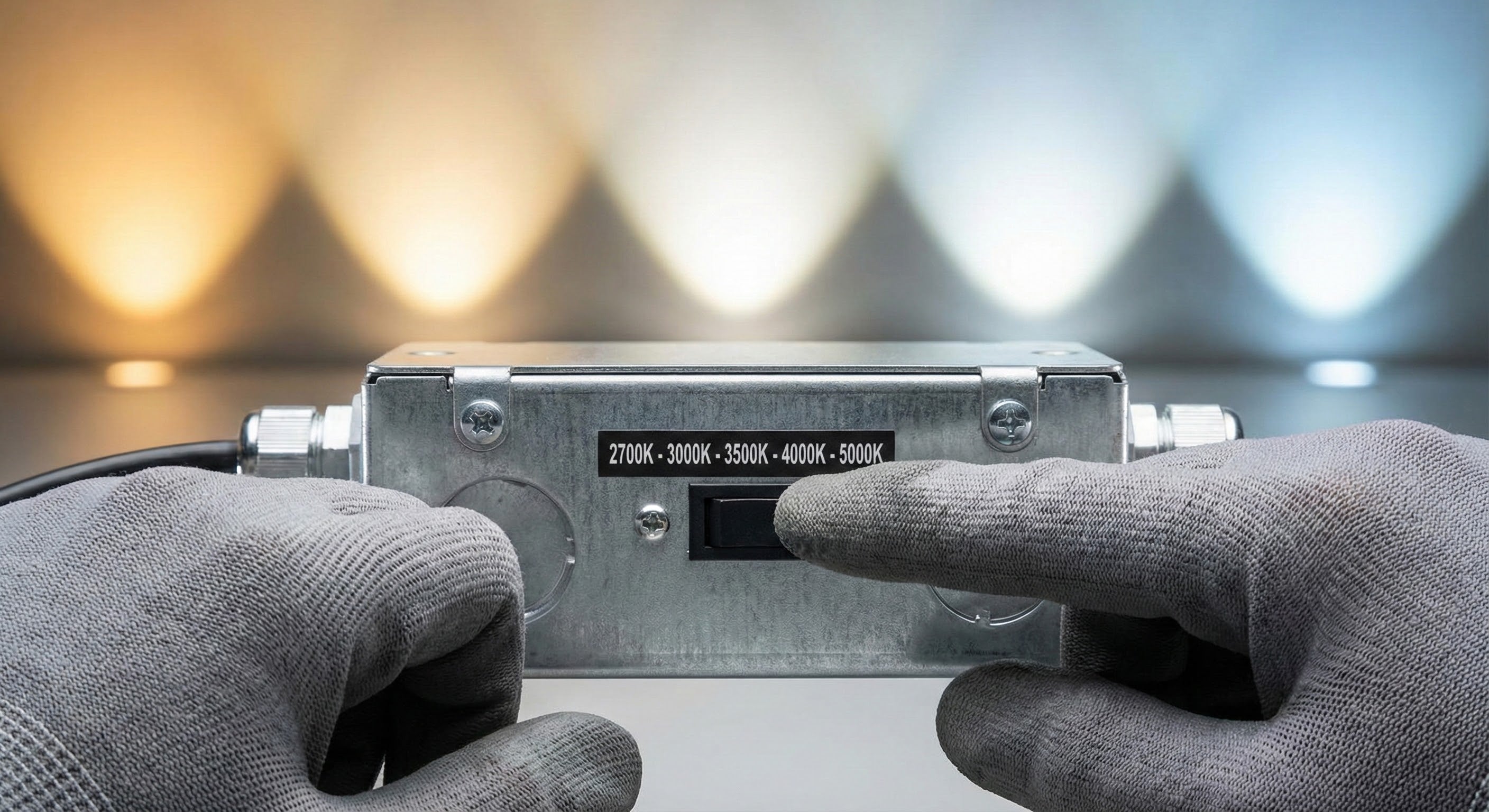 Gloved hand adjusting the 5CCT color temperature switch on an Amico recessed light junction box.