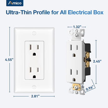 Amico-15A Tamper Resistant Decorator Outlet with Self-Grounding, Wall Plate & Screws - White-5