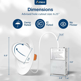 6 Inch Gimbal LED Recessed Lighting, 360° & 90° Adjustable Eyeball, Selectable CCT, 1200 Lumens - 3