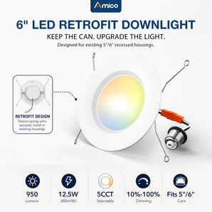 6 Inch LED Recessed Lighting, Dimmable, Retrofit Can Light with Baffle Trim, Selectable CCT, 950 Lumens-1