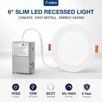 6 Inch Recessed LED Lighting, Slim Design, Selectable CCT, 1050 Lumens-1