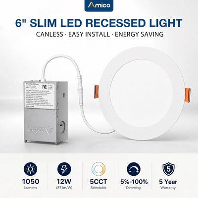 6 Inch Recessed LED Lighting, Slim Design, Selectable CCT, 1050 Lumens-1