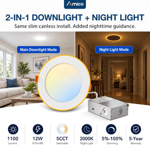 6 Inch Recessed LED Lighting With Night Light, Slim Design, Selectable CCT, 1100 Lumens-1