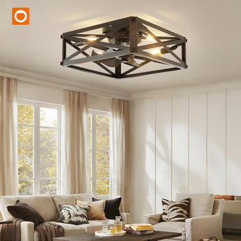 6 Speed Reversible Caged Ceiling Fan with Light Remote, Rustic Square Flush Mount Farmhouse Fandelier - 7