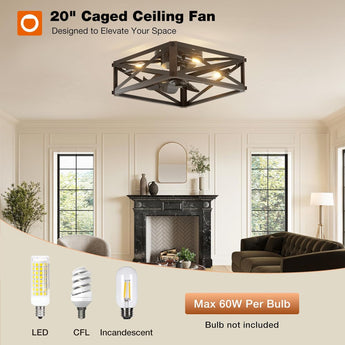 6 Speed Reversible Caged Ceiling Fan with Light Remote, Rustic Square Flush Mount Farmhouse Fandelier - 5
