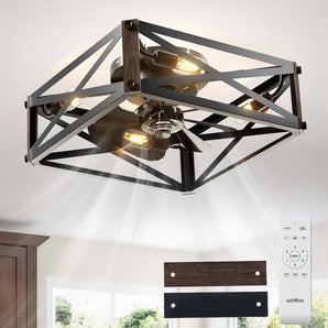 6 Speed Reversible Caged Ceiling Fan with Light Remote, Rustic Square Flush Mount Farmhouse Fandelier - 1