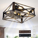 6 Speed Reversible Caged Ceiling Fan with Light Remote, Rustic Square Flush Mount Farmhouse Fandelier - 8