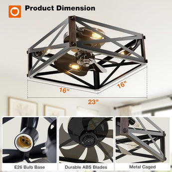 6 Speed Reversible Caged Ceiling Fan with Light Remote, Rustic Square Flush Mount Farmhouse Fandelier - 3