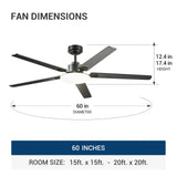 60" Black Ceiling Fan with Light & Remote – Dimmable 3CCT, Reversible, Quiet Fan for Bedroom, Living Room & Indoor/Outdoor - 3