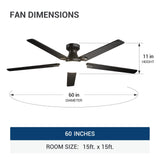 60" Flush Mount Ceiling Fan with Light, Remote, Low Profile, 3CCT Dimmable, Reversible, Quiet DC - 3