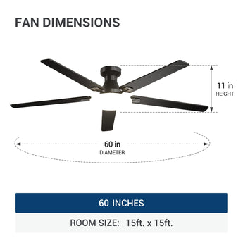 60" Flush Mount Ceiling Fan with Light, Remote, Low Profile, 3CCT Dimmable, Reversible, Quiet DC - 3