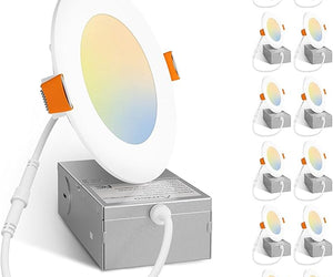 1/12 Pack Dimmable 4/6 Inch Ultra-Slim Led Recessed Downlight With Junction Box, 3CCT, 3000K/4000K/5000K, 10-12W, 700-1000LM
