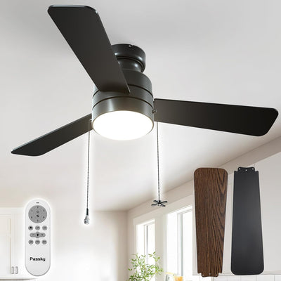 42" Low Profile Ceiling Fan with Light, Remote & Pull Chain, Flush Mount, 5CCT Dimmable, Reversible, Quiet