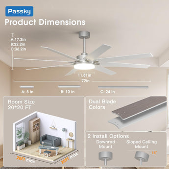 72" Large Ceiling Fan with Light & Remote, 3CCT Dimmable, Reversible, Quiet – Modern Nickel, Indoor/Outdoor - 5
