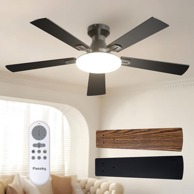 52" Flush Mount Ceiling Fan with Light, Remote, Low Profile, 3CCT Dimmable, Reversible, Quiet DC