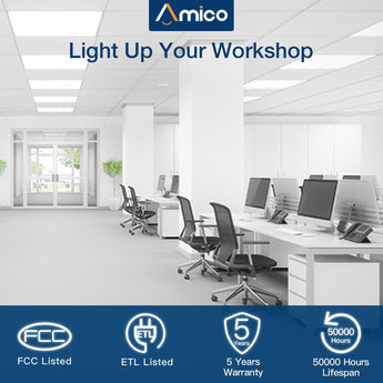 The main parameters of led flat panel lights: FCC listed, ETL listed, 50,000 hrs lifespan, 5 years warranty.