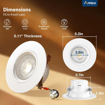 4 Inch Retrofit Eyeball Gimbal Can Lights, Slim Design, Selectable CCT,700 Lumens - 9