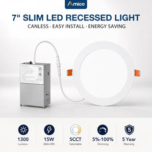 7 Inch Recessed LED Lighting, Slim Design, Selectable CCT, 1300 Lumens-1