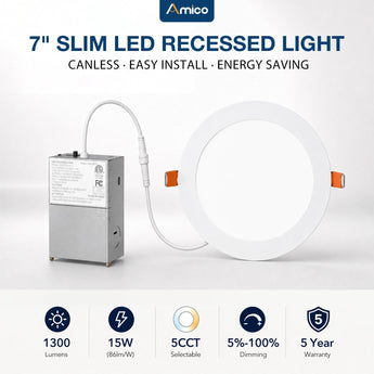 7 Inch Recessed LED Lighting, Slim Design, Selectable CCT, 1300 Lumens-1