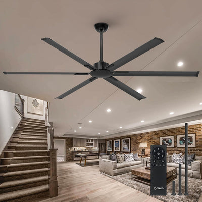 Amico 84 Inch Industrial Ceiling Fans Without Lights, Indoor/Outdoor Ceiling Fan with Remote Control, Reversible, 6 Blades, Noiseless, Black Ceiling Fan for Patio, Porch, Garage, Shop, Farmhouse - 1