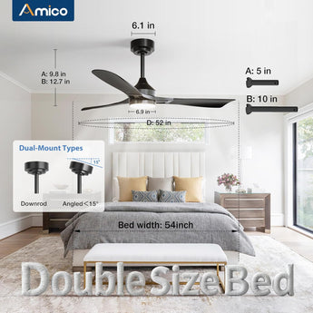 Amico 52" Modern Ceiling Fan with Light & Remote – Dimmable 3CCT, Quiet Black Fan for Living Room, Bedroom & Kitchen - 3