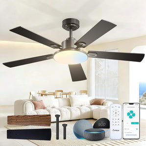 Amico 52" Downrod Mount Smart Ceiling Fan with Light, 3CCT Dimmable, 6 Speeds, Reversible DC Motor, Remote APP Alexa Control, Quiet for Home Bedroom Living Room, Black - 1