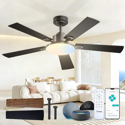 Amico 52" Downrod Mount Smart Ceiling Fan with Light, 3CCT Dimmable, 6 Speeds, Reversible DC Motor, Remote APP Alexa Control, Quiet for Home Bedroom Living Room, Black - 1