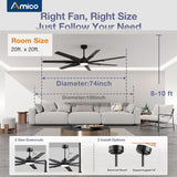 Amico 74 inch Ceiling Fans with Light and Remote, 6 Speed Reversible DC Motor, 3CCT, Dimmable, Quiet, Timer, Large Modern Ceiling Fan for Living room, Indoor/Outdoor - 8