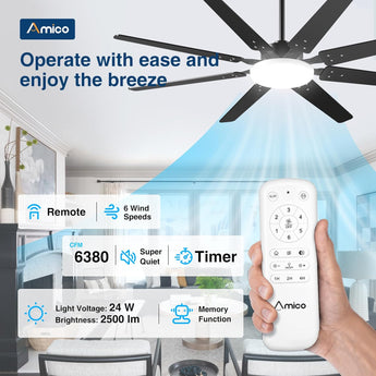 Amico 64" Ceiling Fan with Light & Remote – Dimmable, 6 - Speed Reversible DC Motor, Quiet Modern Black Fan for Living Room, Kitchen & Patio - 5