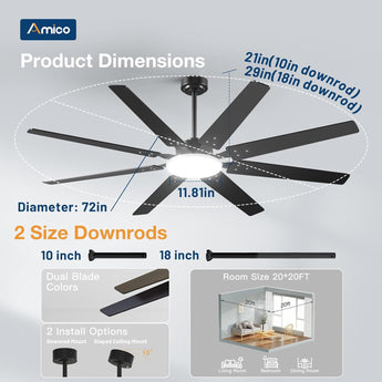 72" Large Ceiling Fan with Light & Remote, 3CCT Dimmable, Quiet – Modern Black, Indoor/Outdoor - 7