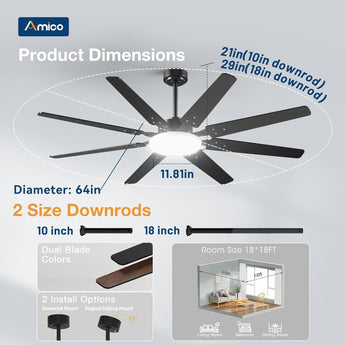 Amico 64" Ceiling Fan with Light & Remote – Dimmable, 6 - Speed Reversible DC Motor, Quiet Modern Black Fan for Living Room, Kitchen & Patio - 6
