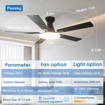 52" Flush Mount Ceiling Fan with Light, Remote, Low Profile, 3CCT Dimmable, Reversible, Quiet DC - 7