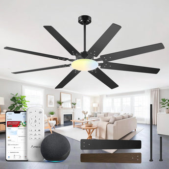 72" Large Ceiling Fan with Light & Remote, 3CCT Dimmable, Quiet – Modern Black, Indoor/Outdoor - 12