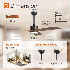 52" Ceiling Fan with Light & Remote, 3 Wood Blades, 6 Speeds, 3CCT Dimmable, Reversible, Quiet – Indoor/Outdoor Black Walnut - 2