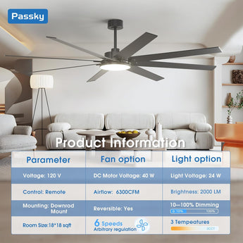 80" Modern Ceiling Fan with Light & Remote – Reversible, Dimmable 3CCT, Quiet Black Fan for Bedroom, Living Room, Patio & Outdoor - 4