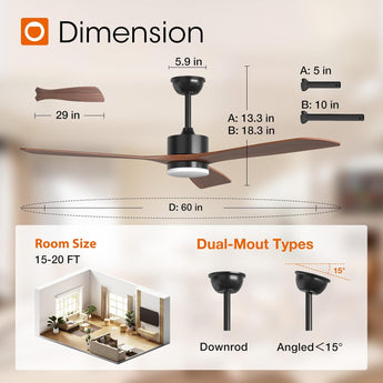 60" Ceiling Fan with Light & Remote, 3 Wood Blades, 6 Speeds, 3CCT Dimmable, Reversible, Quiet – Indoor/Outdoor Black Walnut - 9