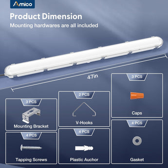 LED Vapor Tight Light, 50W Adjustable 6600LM, 5000K, 0 - 10V Dimmable, IP65 Waterproof, 100 - 277V - 6