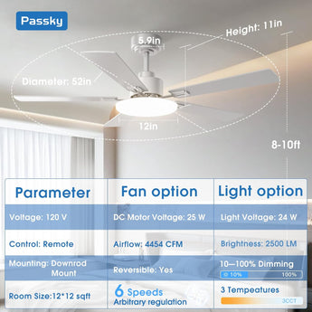 52" Sleek Ceiling Fan with Light, 3CCT Dimmable, Remote, Reversible, Quiet – Bedroom & Living Room - 4
