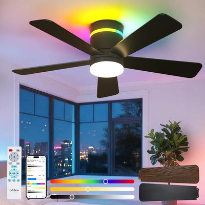 42" Flush Mount RGB Ceiling Fan with Light, Reversible Smart Fan Remote APP Control for Home Indoor Outdoor Use