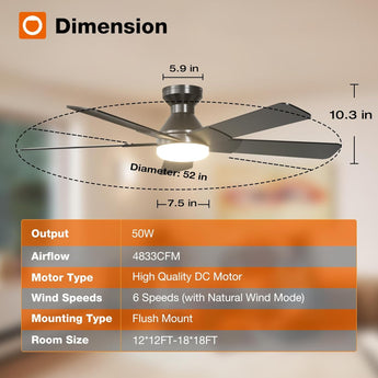 52" Low Profile Ceiling Fan with Light & Remote, Flush Mount, 3CCT Dimmable, Reversible, Quiet, Indoor/Outdoor - 8