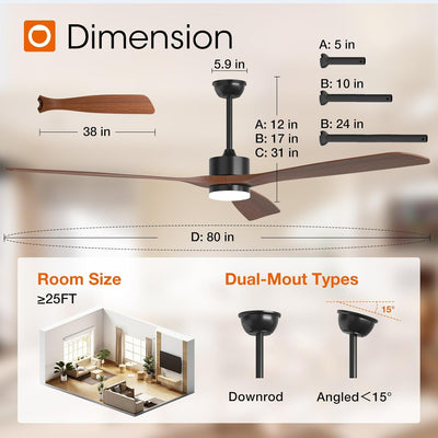 80 inch Ceiling Fans with Lights and Remote Control, Reversible, 3 Wood Blades, 6 Speeds, 3CCT Dimmable, Noiseless, Indoor/Outdoor Black Walnut Ceiling Fan for Bedroom Living Room Gazebo Patio - 1