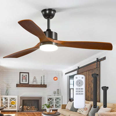 52" Ceiling Fan with Light & Remote, 3 Wood Blades, 6 Speeds, 3CCT Dimmable, Reversible, Quiet – Indoor/Outdoor Black Walnut