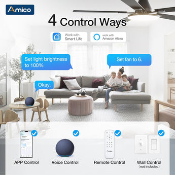 52" Flush Mount Smart Ceiling Fan with Light, Amico Reversible DC Motor, 3CCT Dimmable, 6 Speeds, Remote/APP/Alexa Control, Noiseless Black - 3