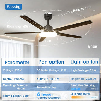 60" Sleek Ceiling Fan with Light, 3CCT Dimmable, Remote, Reversible, Quiet – Bedroom & Living Room - 4